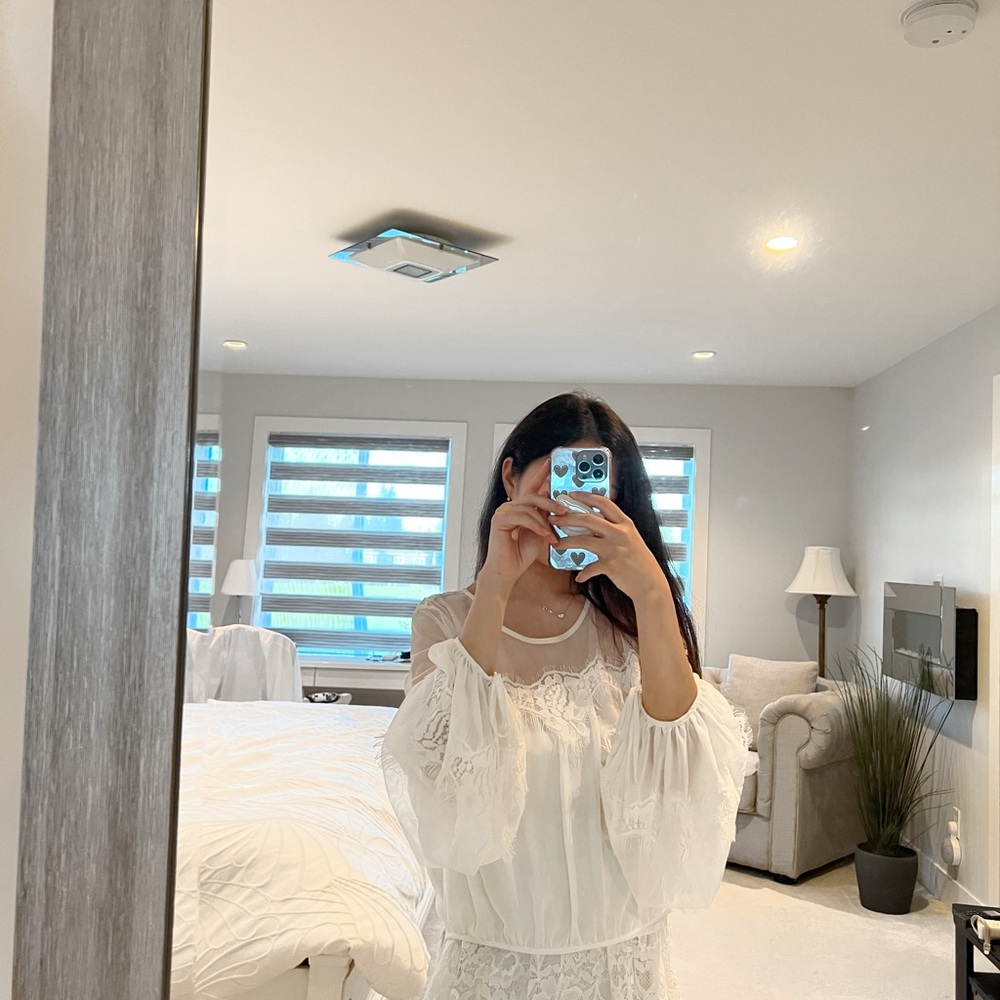 Elegant White Lace Sheer Puff Sleeve Oversized Blouse, One Size